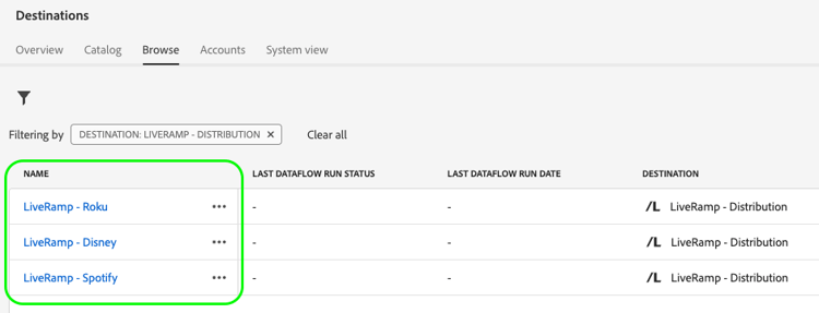複数の LiveRamp の宛先を示すExperience Platform UI のスクリーンショット。