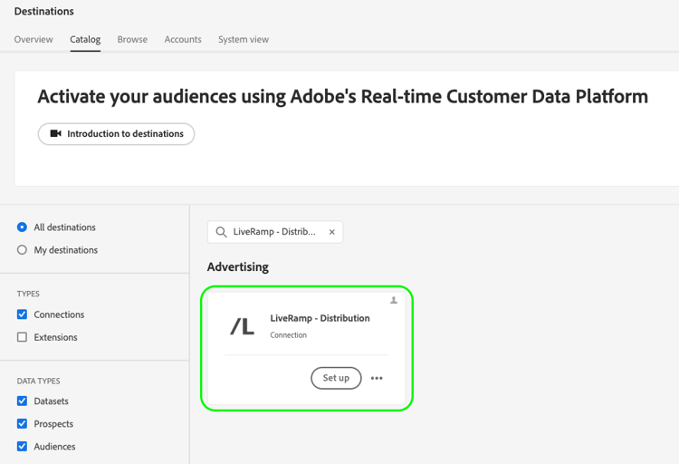 LiveRamp – 配布先カードを示すExperience Platform UI 画像