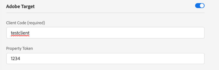 Adobe Target設定を表示するデータストリーム UI。