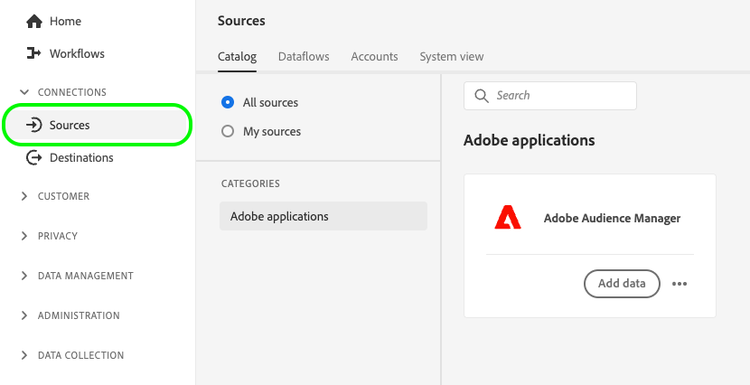 Audience Managerソース接続を含む「ソース」タブを示す Platform UI 画像。