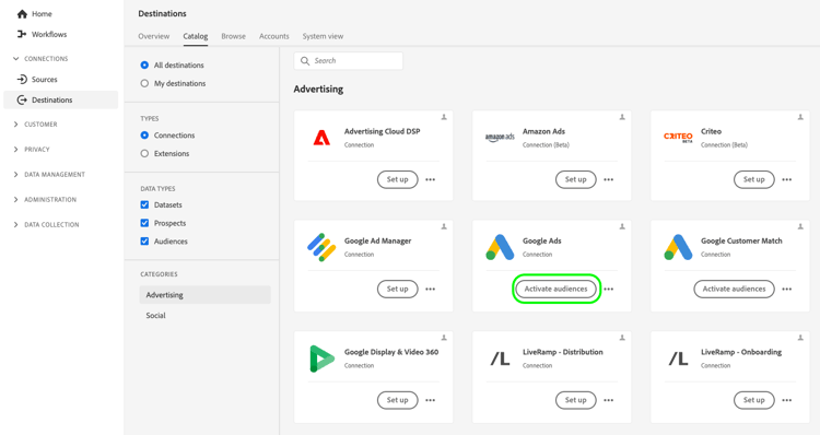 拡張されたアクティベーションの宛先カタログを示す Platform UI 画像。