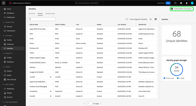 ID ワークスペースの「 ID 名前空間を作成」ボタン。