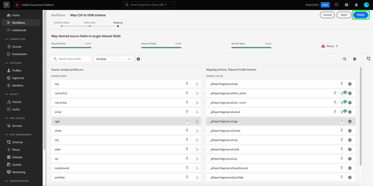 「 完了 」ボタンを選択している状態で、CSV マッピングプロセスを完了する。