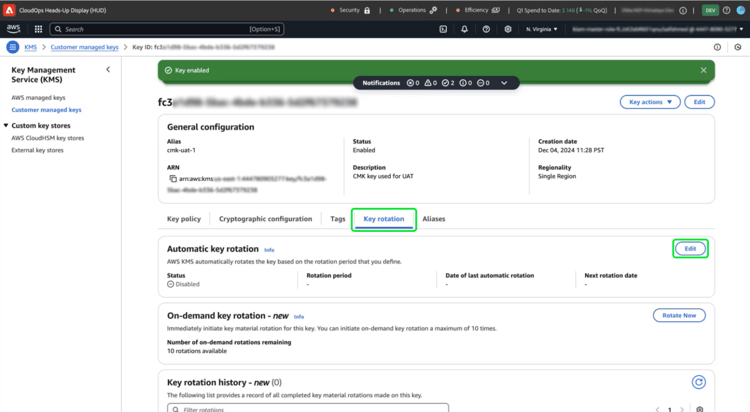 キーの回転と編集がハイライト表示されたAWS キーの詳細セクション。