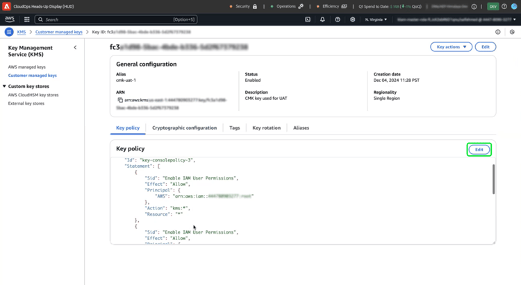 キーポリシーセクションで「編集」がハイライト表示されたAWS キーの詳細セクション。