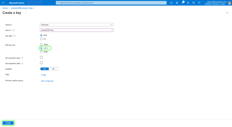 3072 ビットがハイライト表示された Create a key ダッシュボード。