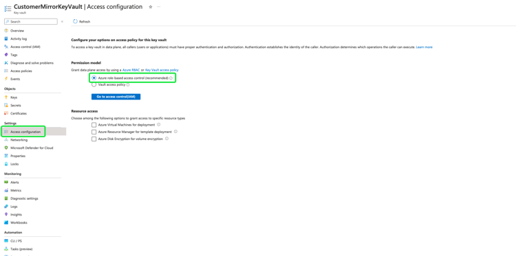 Access configuration と Azure role-based access control がハイライト表示された Microsoft Azure ダッシュボード。