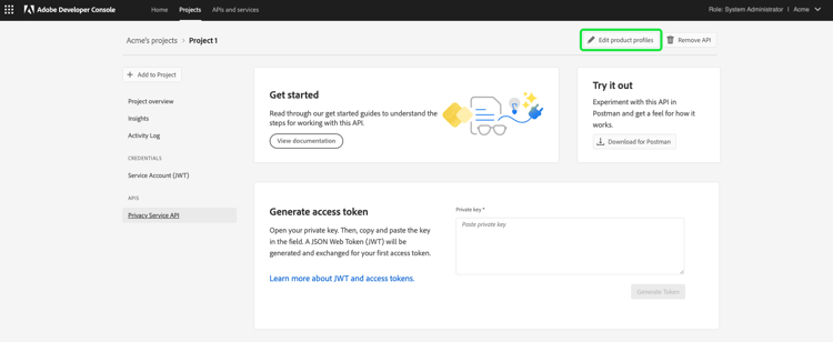 「製品プロファイルを編集」がハイライト表示されたAdobe Developer ConsoleのPrivacy ServiceAPI 統合ダッシュボード