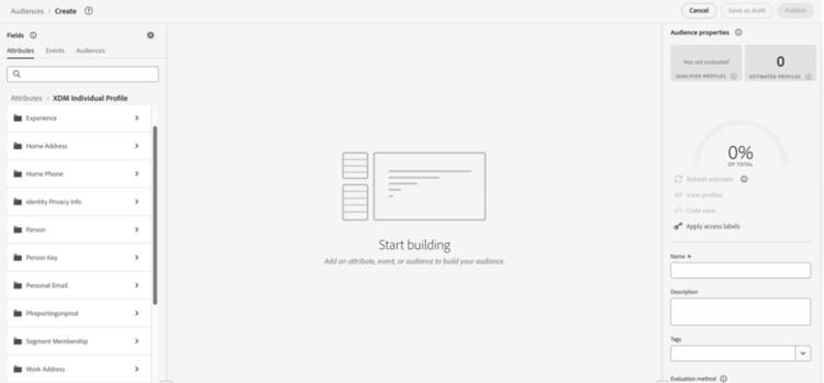 オーディエンス構成 UI に表示されるカスタム属性。