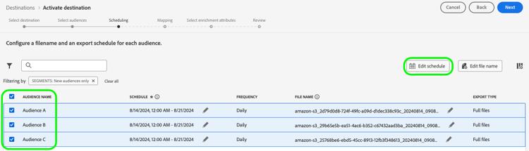 スケジュール設定ステップの「スケジュールを編集」オプションがハイライト表示された Experience Platform ユーザーインターフェイスの画像。