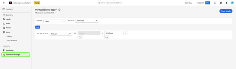 左側のナビゲーションで権限マネージャーがハイライト表示された Experience Platform ユーザーインターフェイスの画像。
