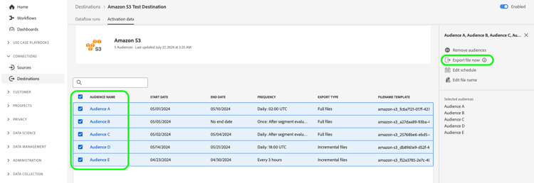宛先の詳細ページの「ファイルを今すぐ書き出し」オプションがハイライト表示された Experience Platform ユーザーインターフェイスの画像。