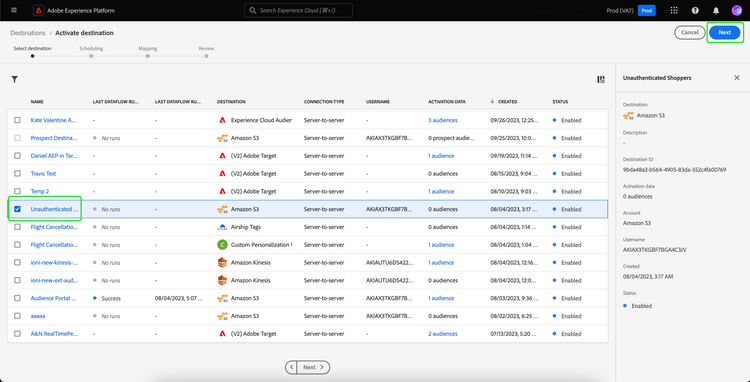 オーディエンスをアクティベートする宛先がハイライト表示されている様子。