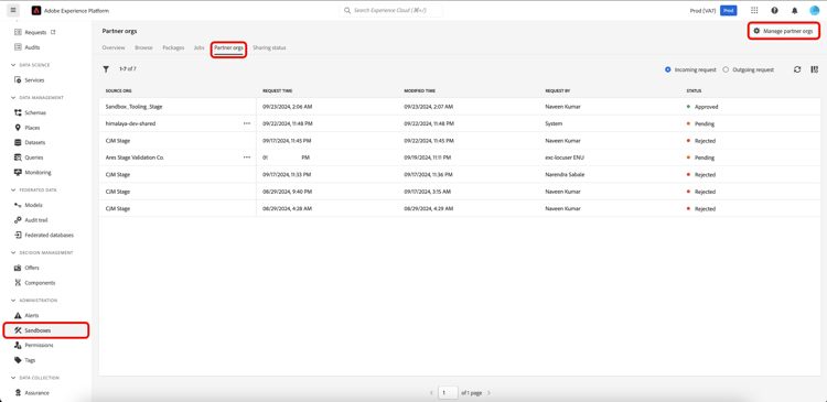 「パートナー組織」タブと「パートナー組織を管理」がハイライト表示されたサンドボックス UI