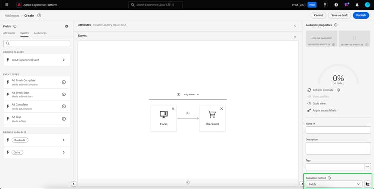 セグメント定義が表示されます。 評価タイプがハイライト表示され、ストリーミングセグメント化を使用してセグメント定義を評価できることが示されています。