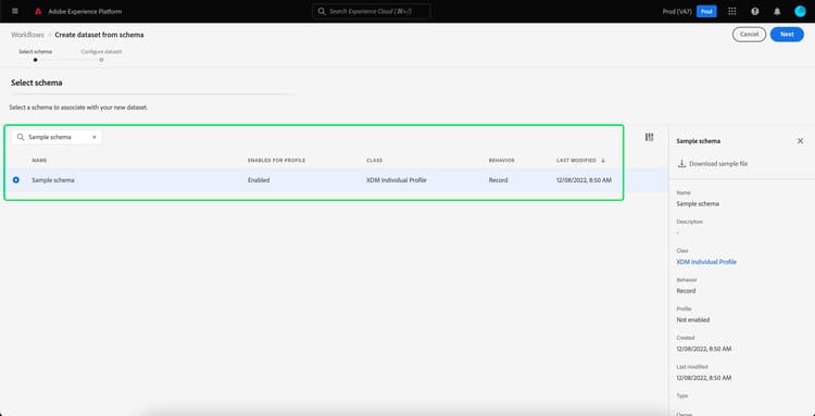 XDM 個人プロファイル スキーマがハイライト表示されています。
