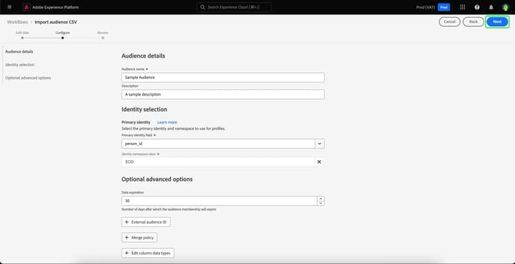 Next ボタンがAudience details ページで強調表示されます。