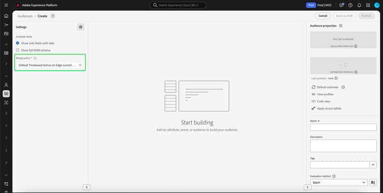 結合ポリシーセレクターがハイライト表示されています。これを使用してセグメント定義の結合ポリシーを選択できます。