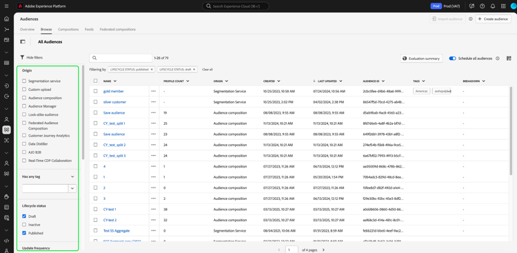 使用可能なフィルターが表示され、オーディエンスを参照ページでハイライトされます。