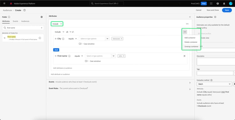 コンテナを展開または削除できるオプションがハイライト表示されています。