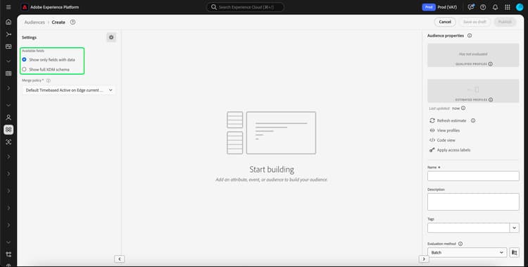 データを含んだフィールドのみ表示するか、すべての XDM フィールドを表示するかを選択できるラジオボタンがハイライト表示されている様子。