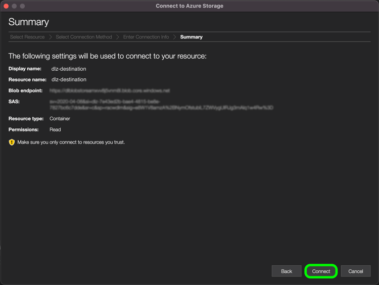 リソース接続の設定を再度取り込む Azure エクスプローラーの概要ワークスペース。