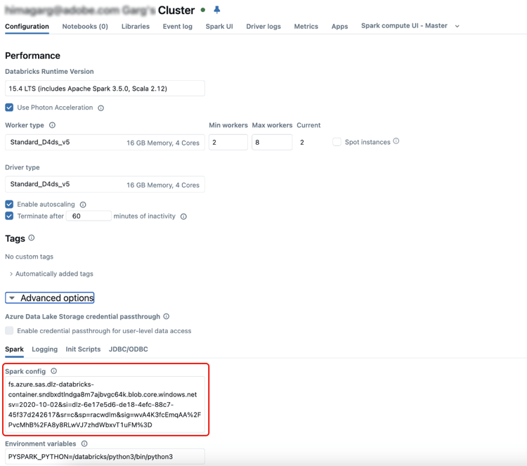 Azure の Databricks UI。