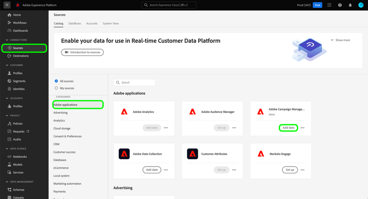 Adobe Campaign Managed Cloud Servicesカードを表示するソースカタログ。