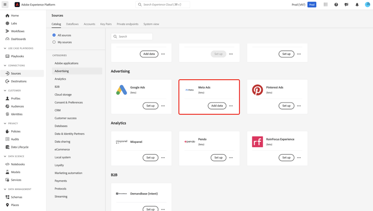 Advertisingの下のMeta Ads ソースカードと利用可能なデータを追加するソースカタログ。