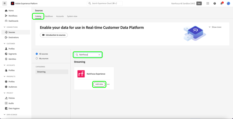 RainFocus ソースが選択されたExperience PlatformUI のソースカタログ。