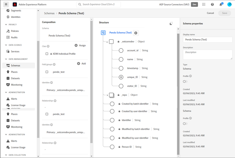 Pendo のスキーマの例を示す Platform UI。