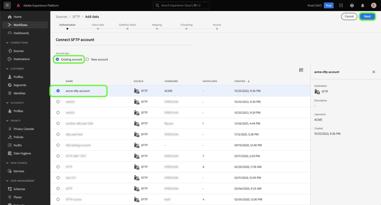 Experience PlatformUI の既存の SFTP アカウントのリスト。