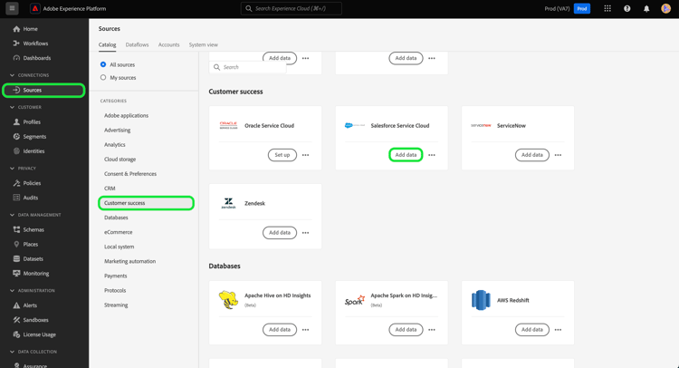 Salesforce Service Cloud ソースカードが選択されたExperience PlatformUI のソースカタログ