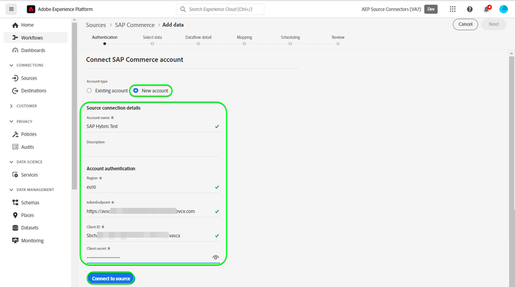 SAP Commerce アカウントを新しいアカウントに接続するための Platform UI のスクリーンショット