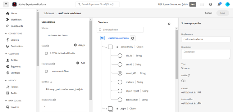 Customer.io のスキーマの例を示す Platform UI のスクリーンショット