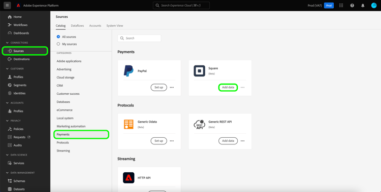 Salesforce Marketing Cloudのソースカードが選択されているソースカタログ