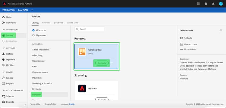 Experience Platform UI のソースカタログで、Stripe ソースカードが選択されています。