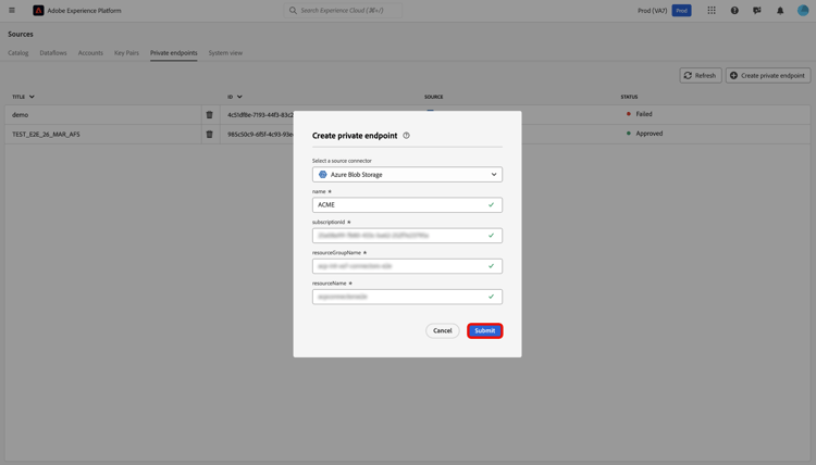 ソース UI ワークスペースで新しいプライベートエンドポイントを作成するための認証ウィンドウ。