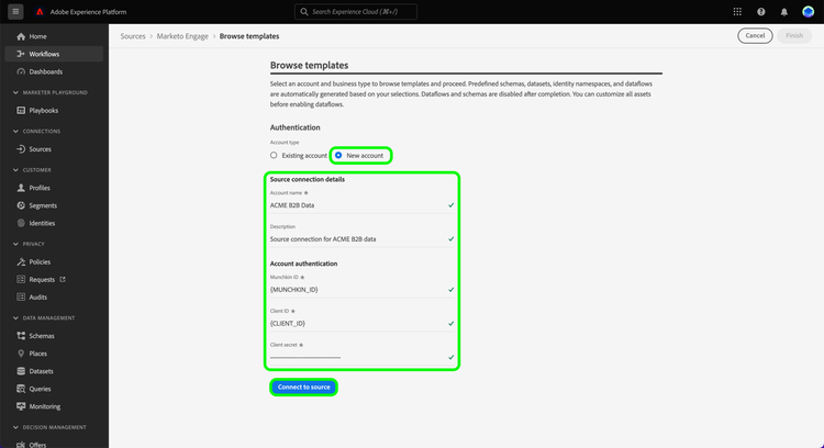 ソース接続の詳細とアカウント認証資格情報を含む新しいアカウントの認証ページ。