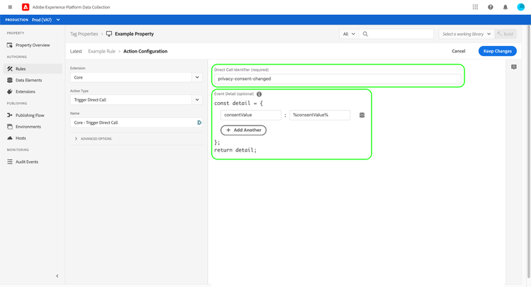 データ収集 UI でのトリガー直接呼び出しアクションのスクリーンショット