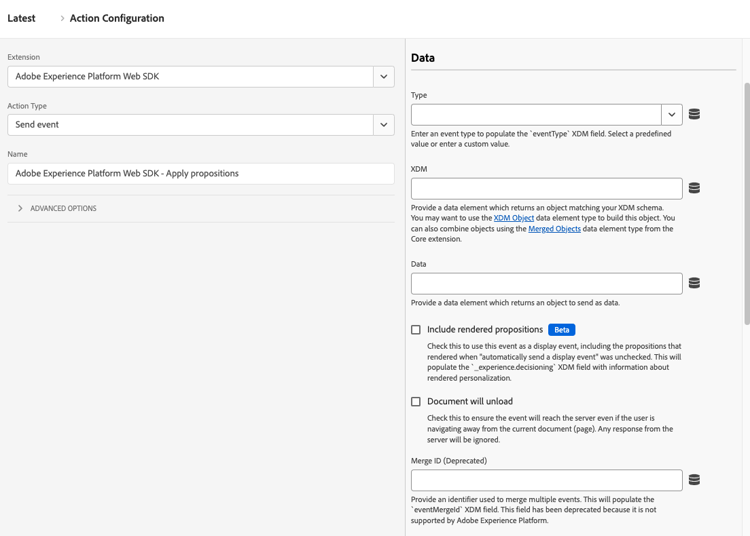 イベントを送信アクションタイプのデータ要素設定を示す Platform タグ UI 画像。