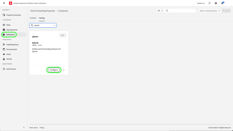 UI で選択されている Splunk 拡張機能の設定ボタン