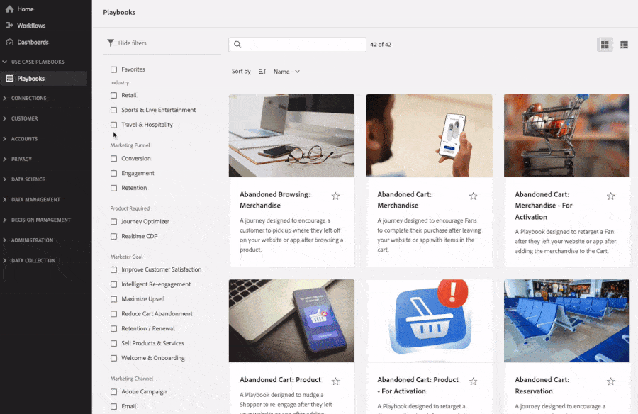 マーケティングファネル、業界、製品別でのプレイブックのフィルタリング