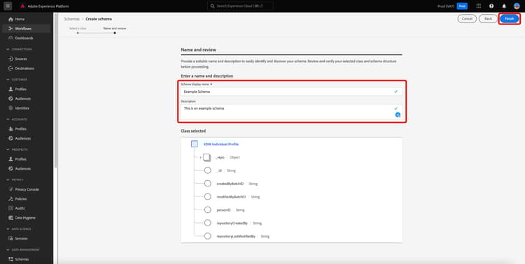 Name and reviewのCreate schemaセクションワークフロー、Schema display name、DescriptionおよびFinishが強調表示されます。