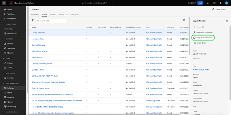 スキーマ行と JSON にコピー がハイライト表示されたスキーマワークスペース