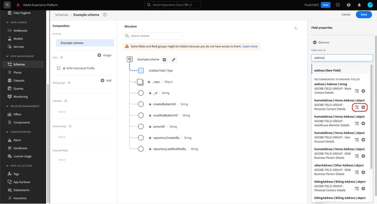 標準フィールドを追加