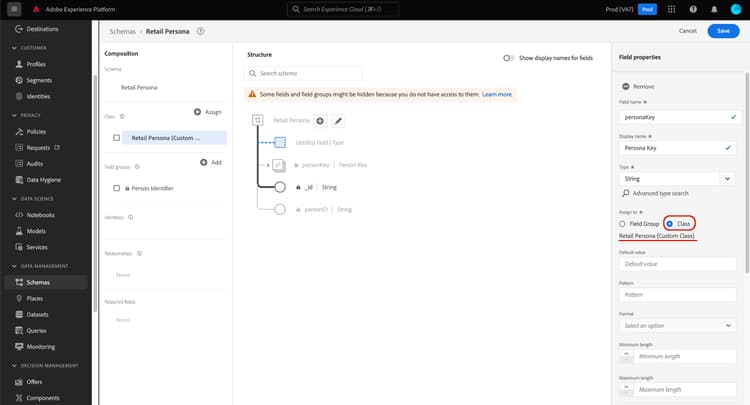 新しいフィールド割り当てに対して Class オプションが選択されていること。