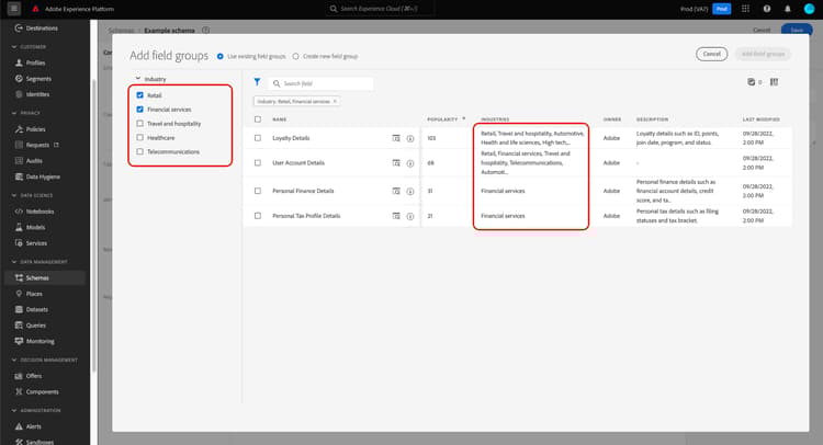 Add field groups のフィルターと Industry の列がハイライト表示された Industry ダイアログ