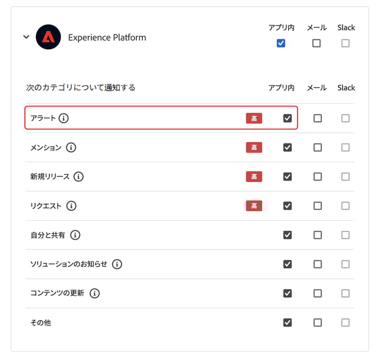 「Experience Platform」セクション内の「アプリ内」チェックボックスが選択されています。