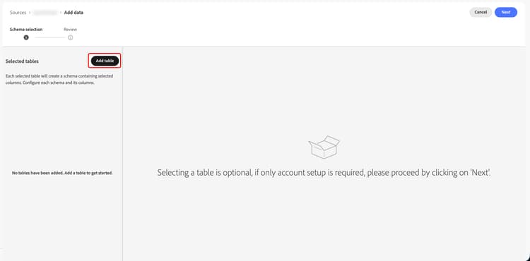 データを追加画面内で「テーブルを追加」ボタンがハイライト表示されています。